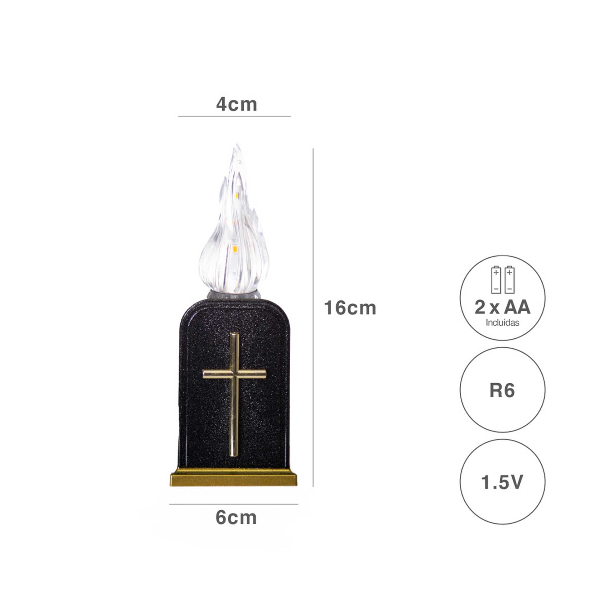 Círio Elétrico Memorial Luz Quente Intermitente Preto 6X4X16cm