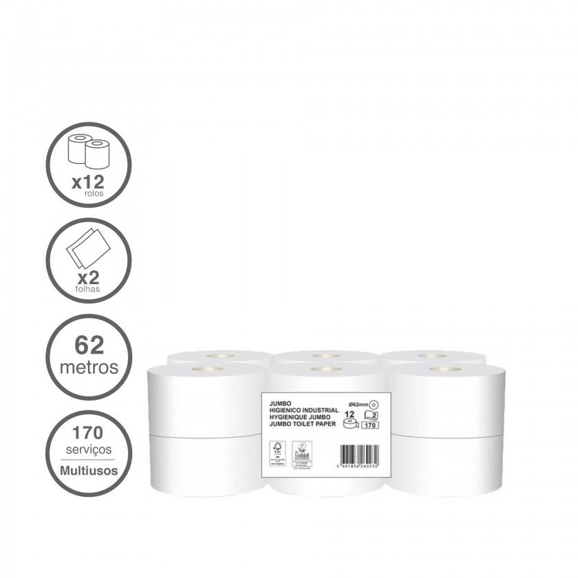 Rolo Papel Higinico Jumbo 210 Servios 61m Pack 12