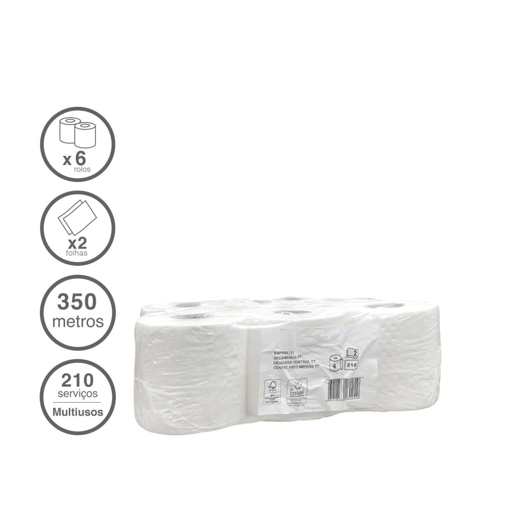 Rolo Papel Multiusos Aspiral 2 Folhas 210 Servi�os Pack 6