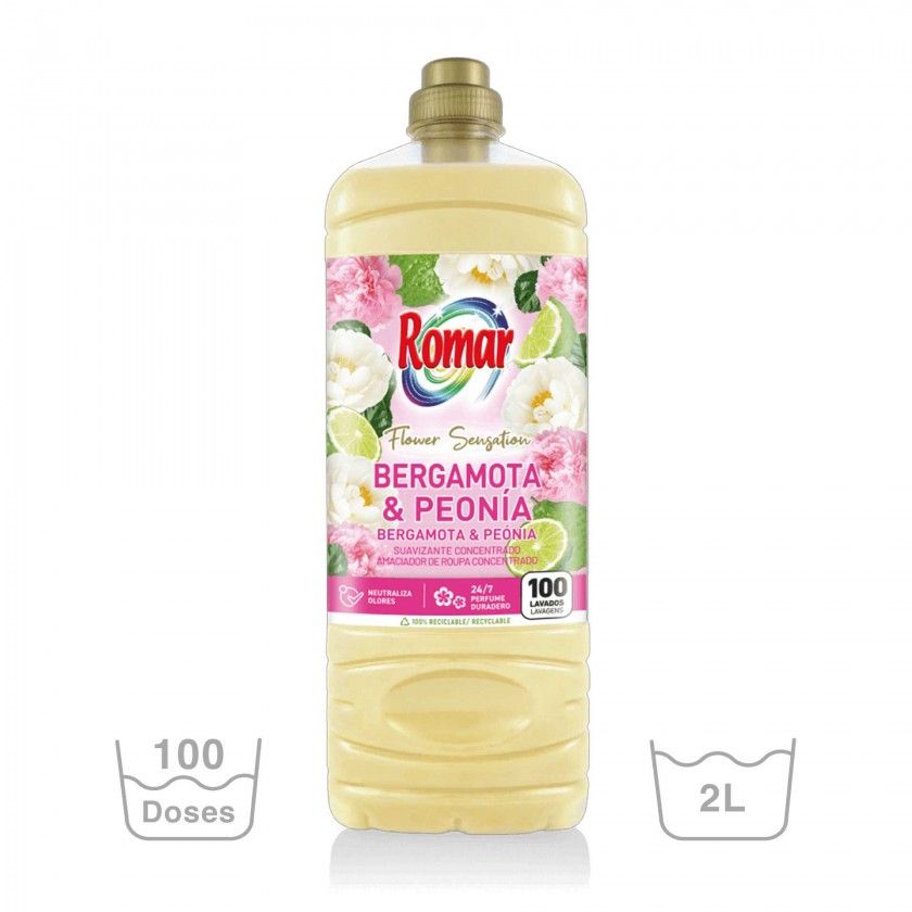 Amaciador Concentrado Romar 100 Lavagens Bergamota / Peônia 2000ml Amaciador Concentrado Romar 100 Lavagens Bergamota / Peônia 2000ml