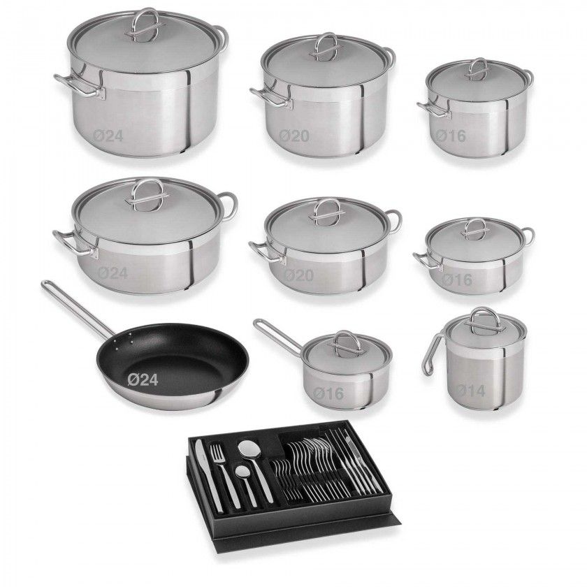 Trem Panelas Profissional Tejo 9 Peas + Faqueiro 24 Peas