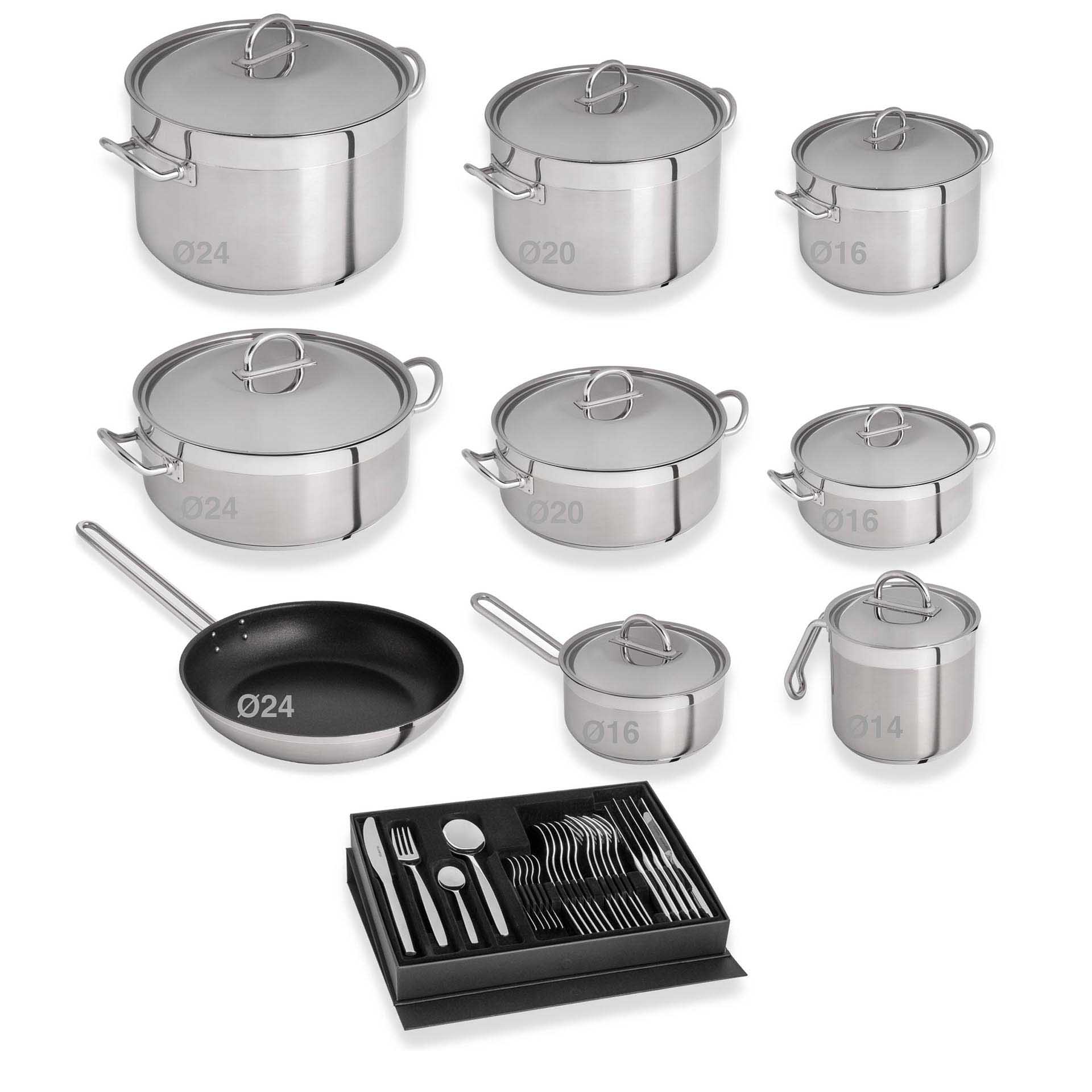 Trem Panelas Profissional Tejo 9 Peças + Faqueiro 24 Peças