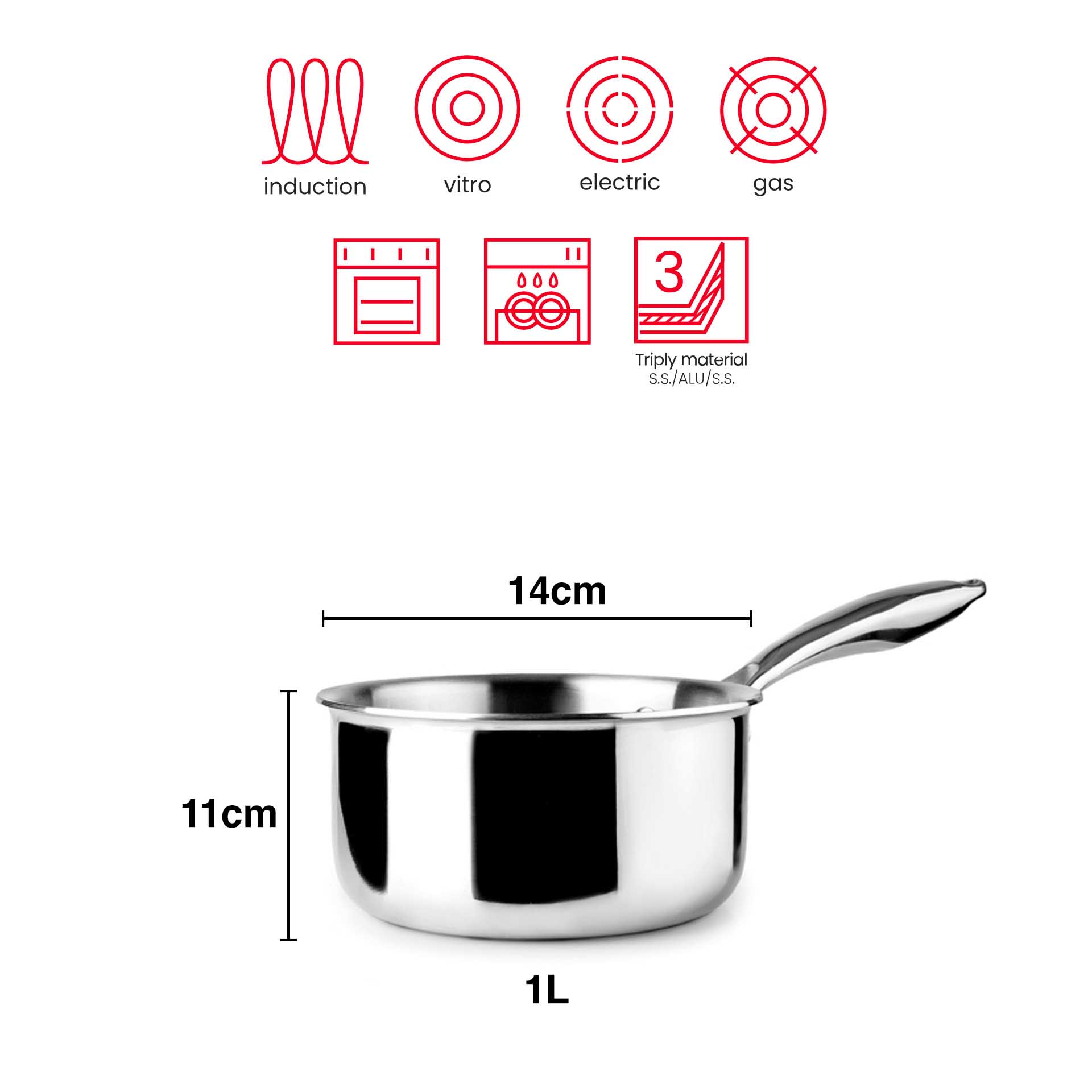 Caçarola Inox / Alumínio Triply com Cabo 1L 14X11cm
