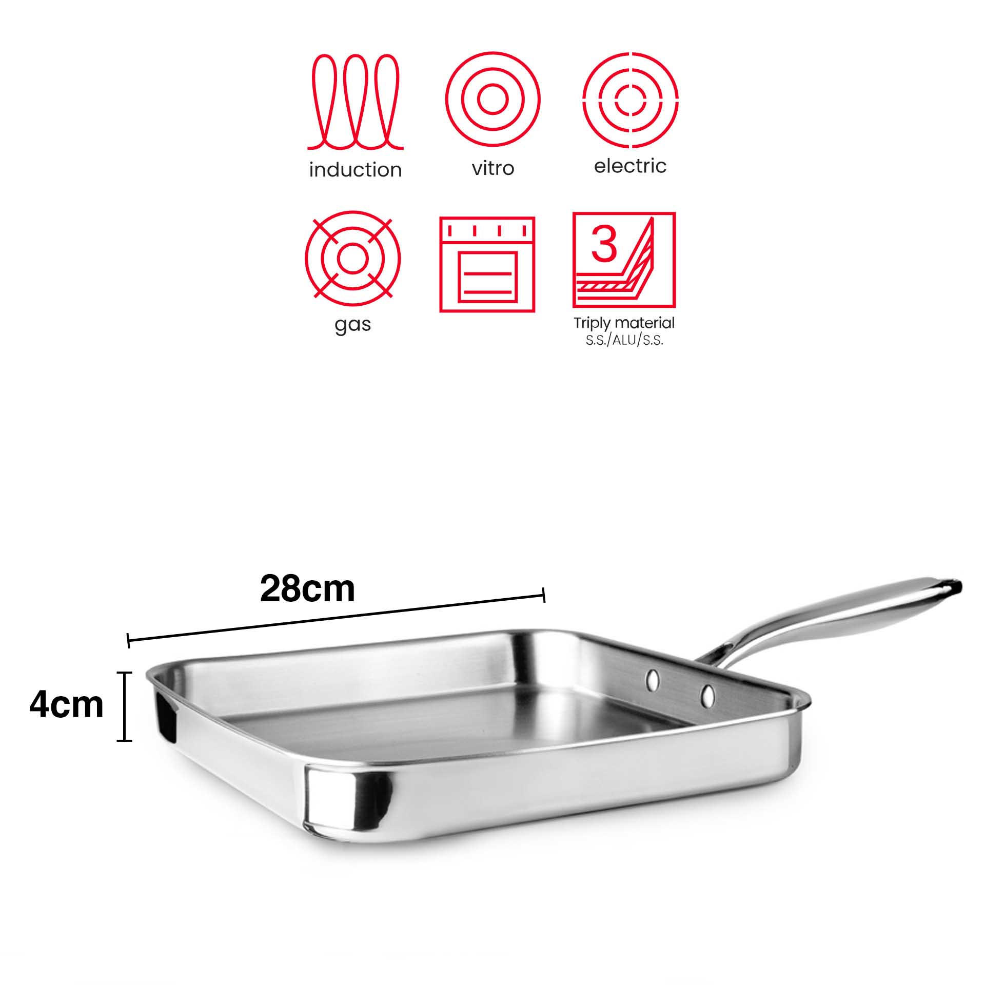 Grelhador Inox / Alumínio Triply Quadrado 28X4cm