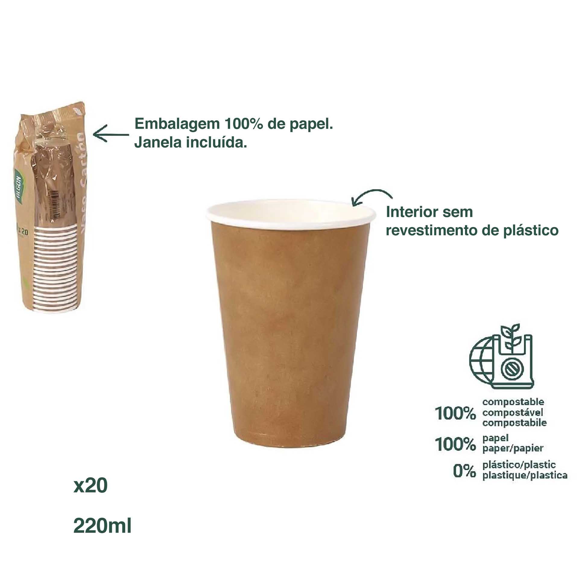 Copo Cartão Kraft Compostável 220ml Pack 20