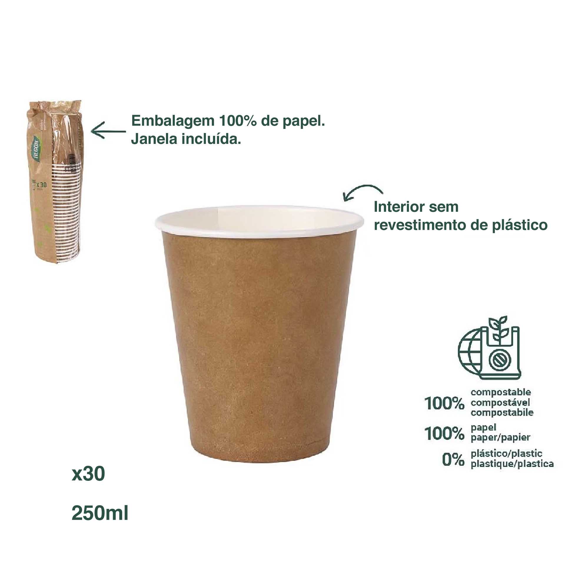 Copo Cartão Kraft Compostável 250ml Pack 30