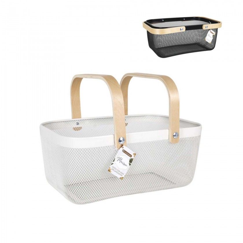 Cesto Metal Asas Madeira Retangular 40X24.5X18.5cm