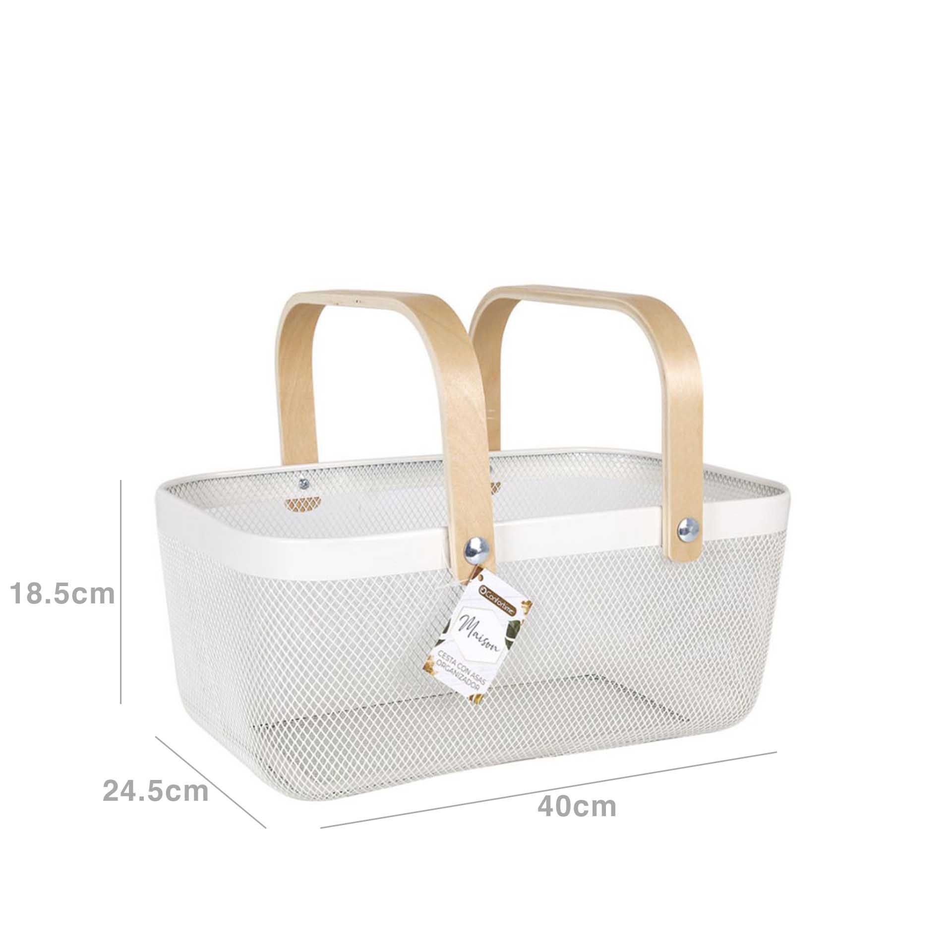 Cesto Metal Asas Madeira Retangular 40X24.5X18.5cm