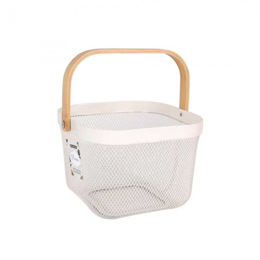Cesto Metal Asa Madeira Quadrado 25X25X18cm