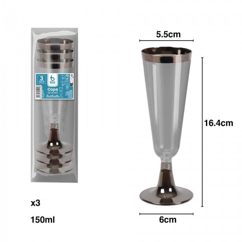 Copo Flute Plástico Reutilizável Prateado 150ml 5.5X6X16.4cm Pack 3 Copo Flute Plástico Reutilizável Prateado 150ml 5.5X6X16.4cm Pack 3