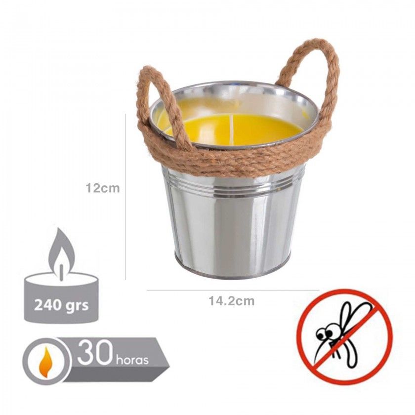 Vela Citronela Balde Metal com Asas 55H 240gr 14.2X12cm Vela Citronela Balde Metal com Asas 55H 240gr 14.2X12cm