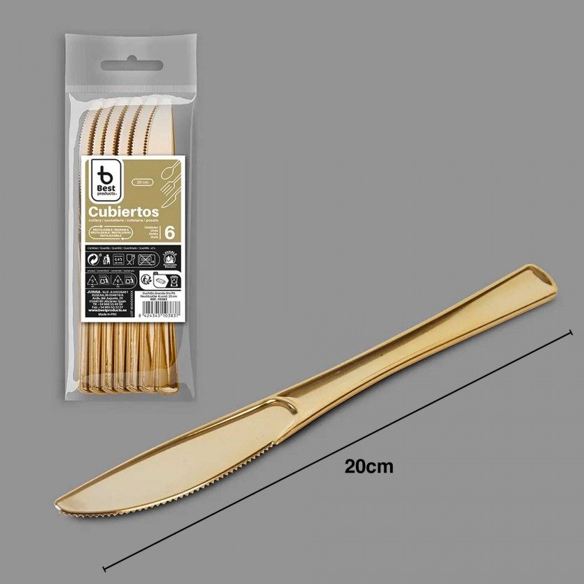 Faca Pl�stico Reutiliz�vel Dourado 20cm Pack 6