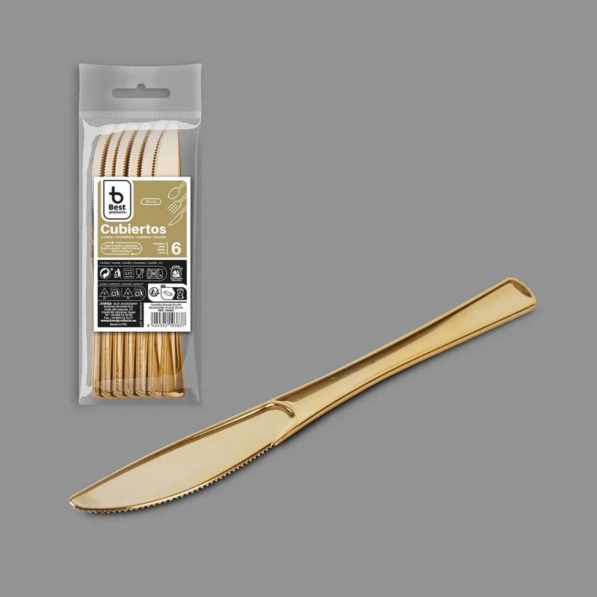 Faca Pl�stico Reutiliz�vel Dourado 20cm Pack 6