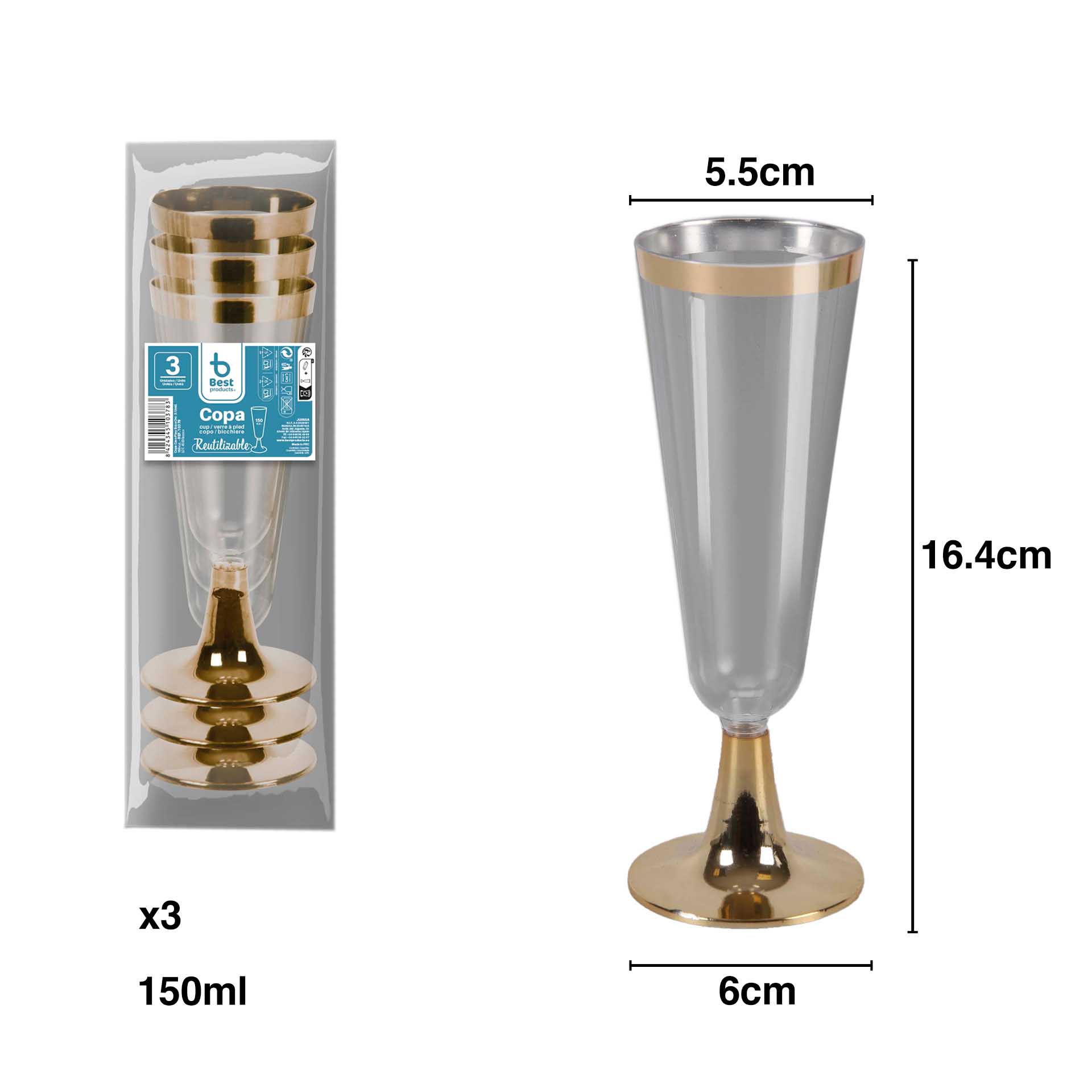 Copo Flute Plástico Reutilizável Dourado 150ml 5.5X6X16.4cm Pack 3