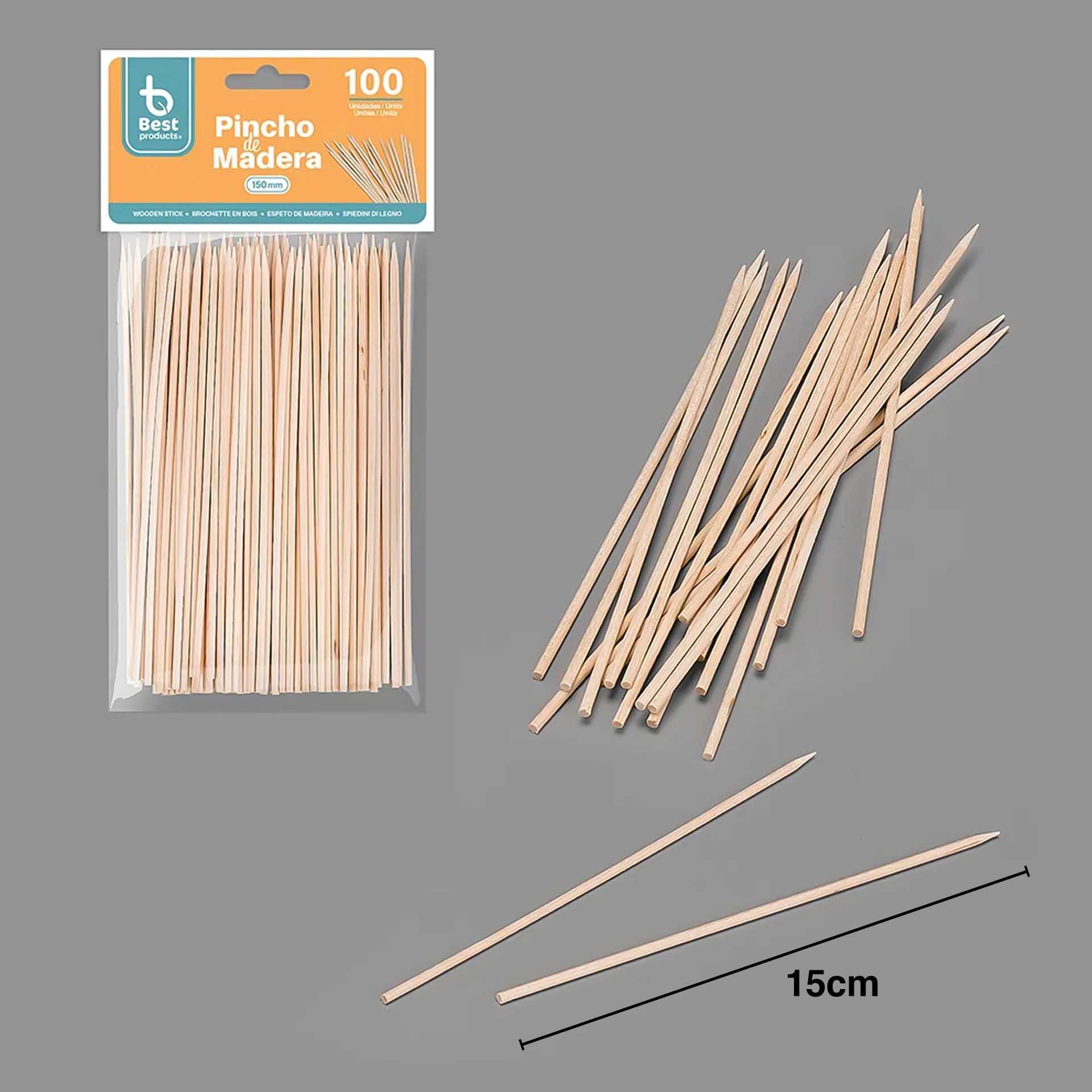 Palito Espetada Madeira 15cm Pack 100
