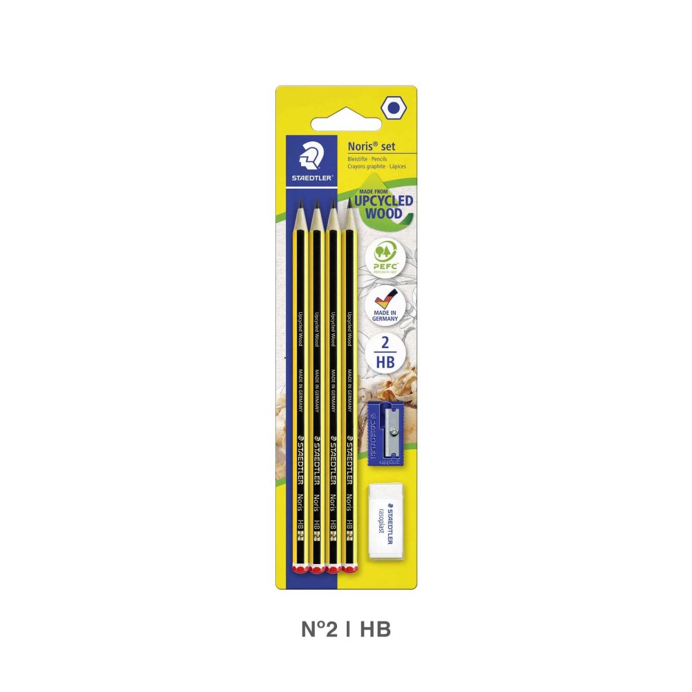 Conjunto 4 Lápis Grafite Staedtler Noris N.2 HB + Afia + Borracha