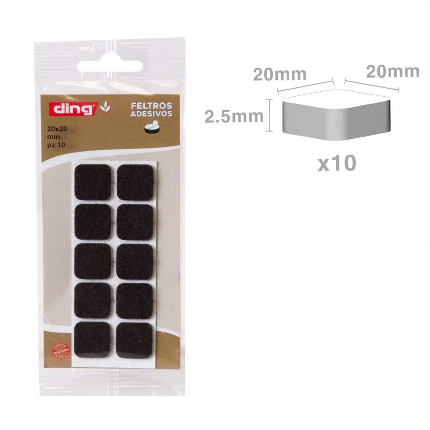 Feltro Adesivo Quadrado 20X20X2.5mm Pack 10