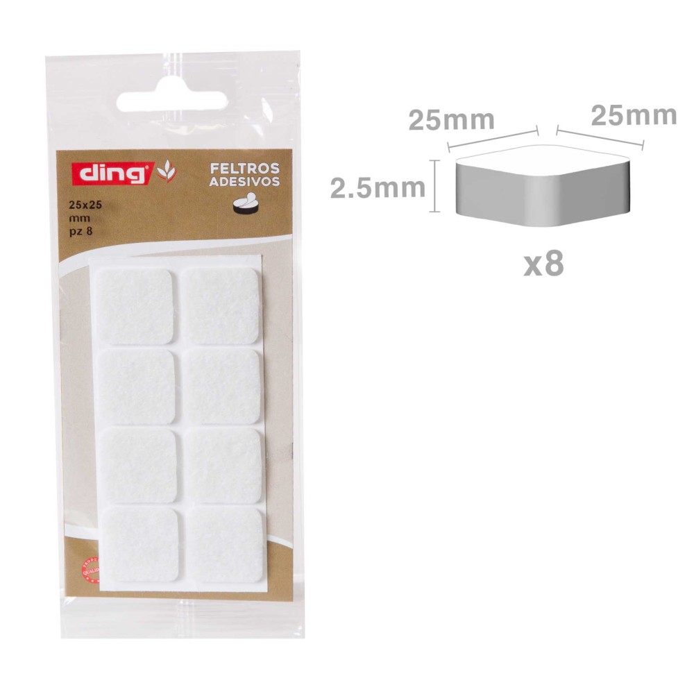 Feltro Adesivo Quadrado 25X25X2.5mm Pack 8