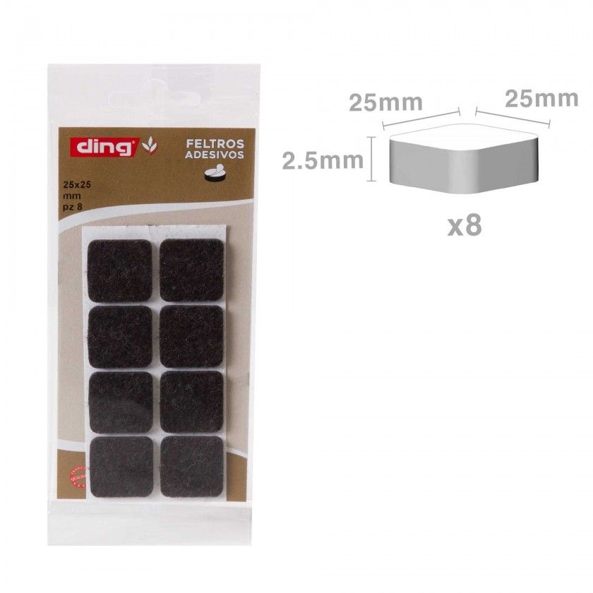 Feltro Adesivo Quadrado 25X25X2.5mm Pack 8