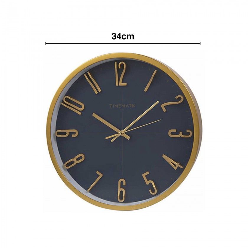 Rel�gio Parede Timemark Redondo Azul Borda Dourada 34cm
