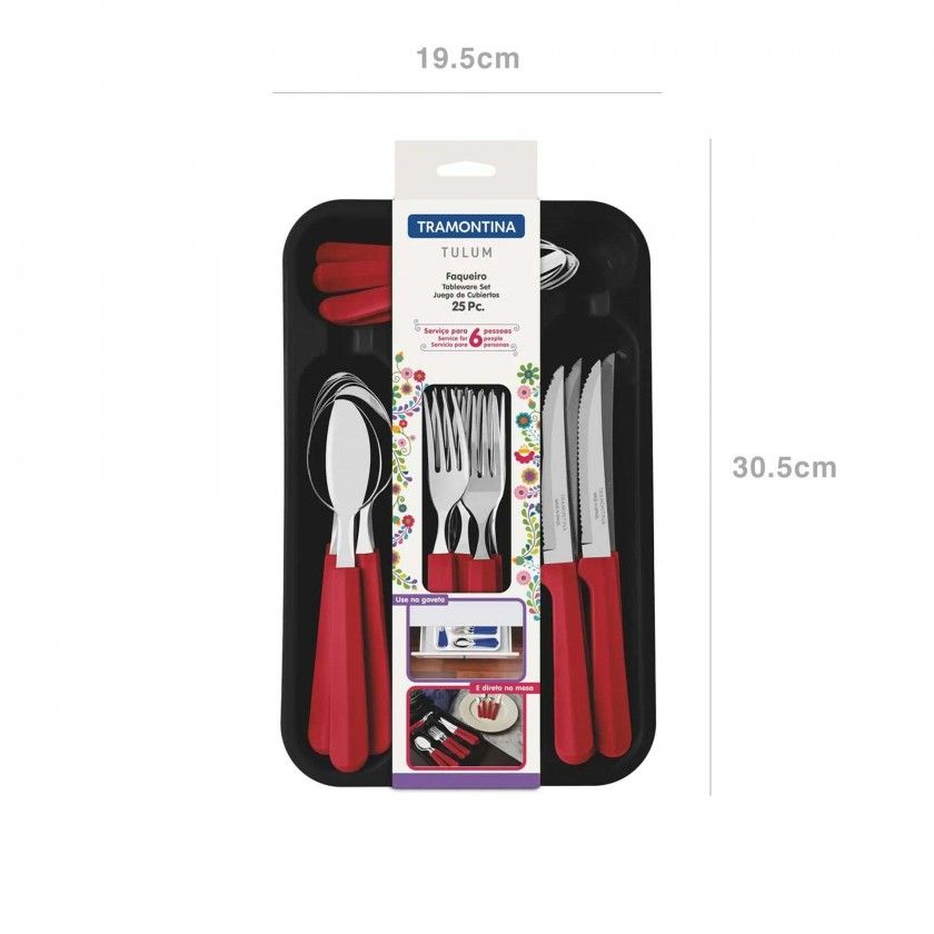Faqueiro Tulum com Gaveteiro Vermelho 25 Peas