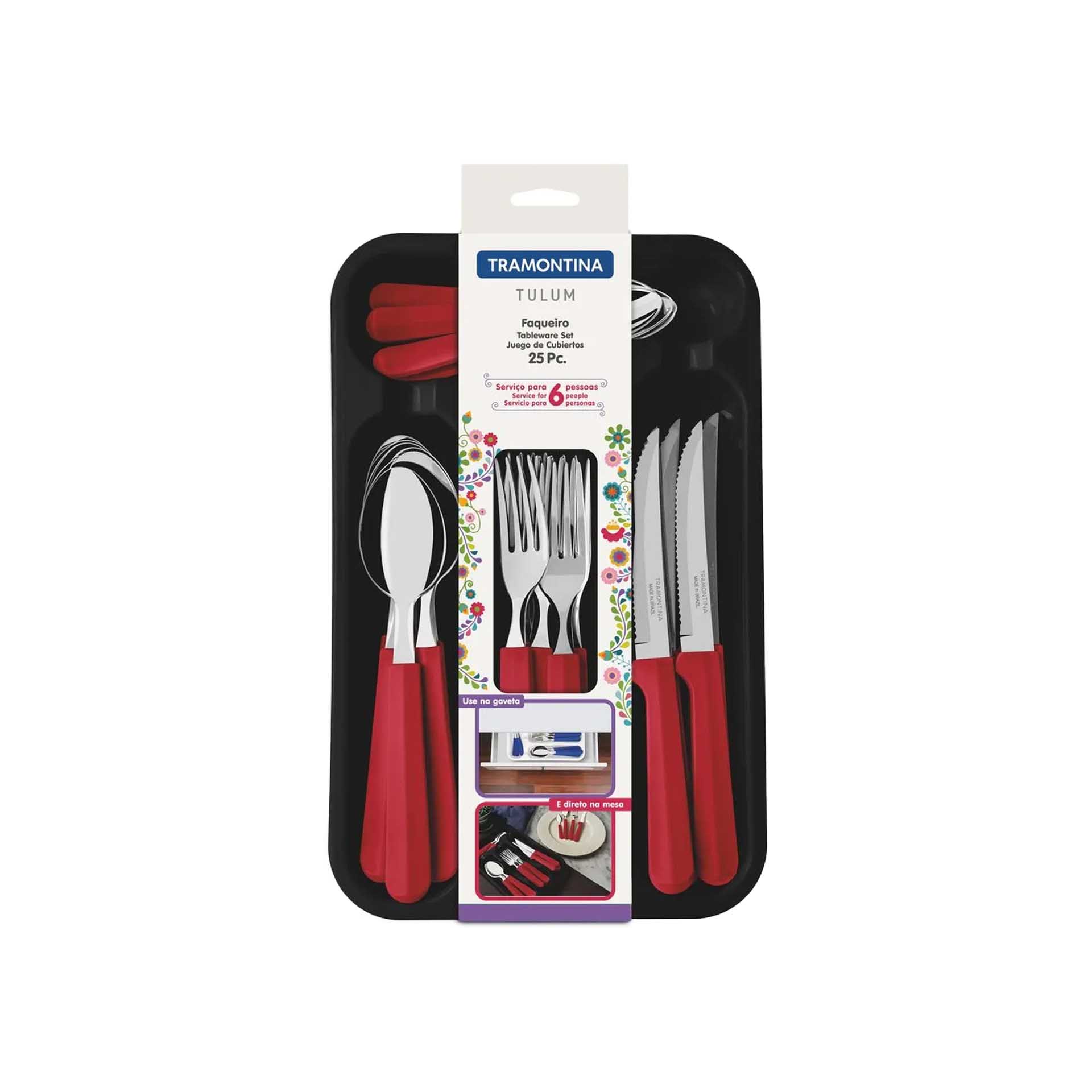 Faqueiro Tulum com Gaveteiro Vermelho 25 Peças