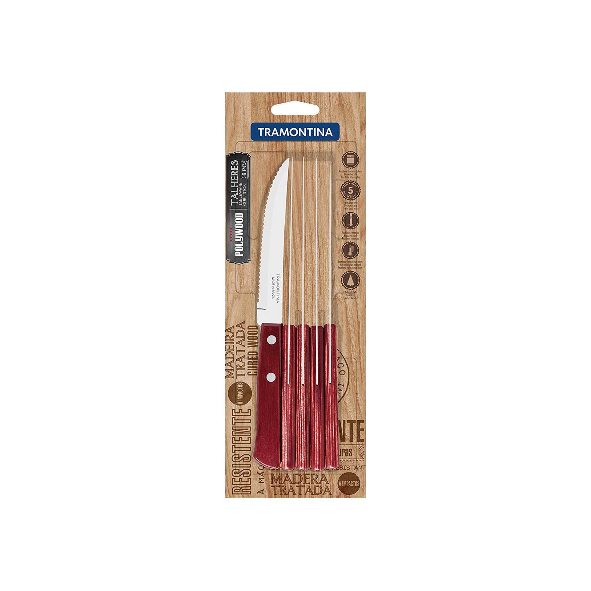 Faca Mesa Serrilha Cabo Madeira Polywood Pack 6