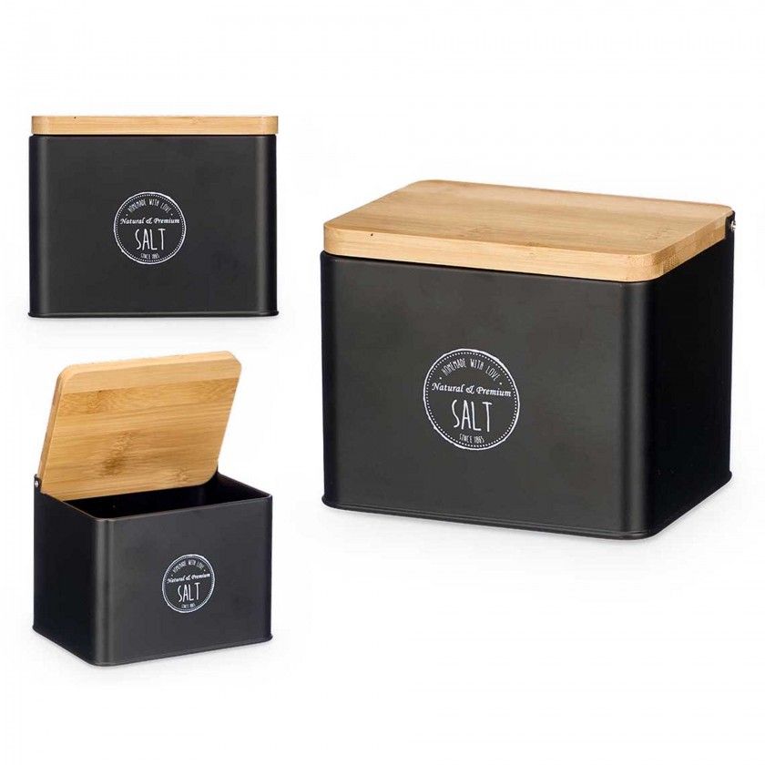 Saleiro Metal Tampa Bambu 14X11X11cm