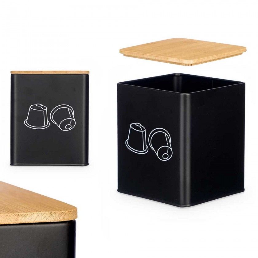 Caixa Cápsulas Café Metal Tampa Bambu 14X14X16.5cm Caixa Cápsulas Café Metal Tampa Bambu 14X14X16.5cm