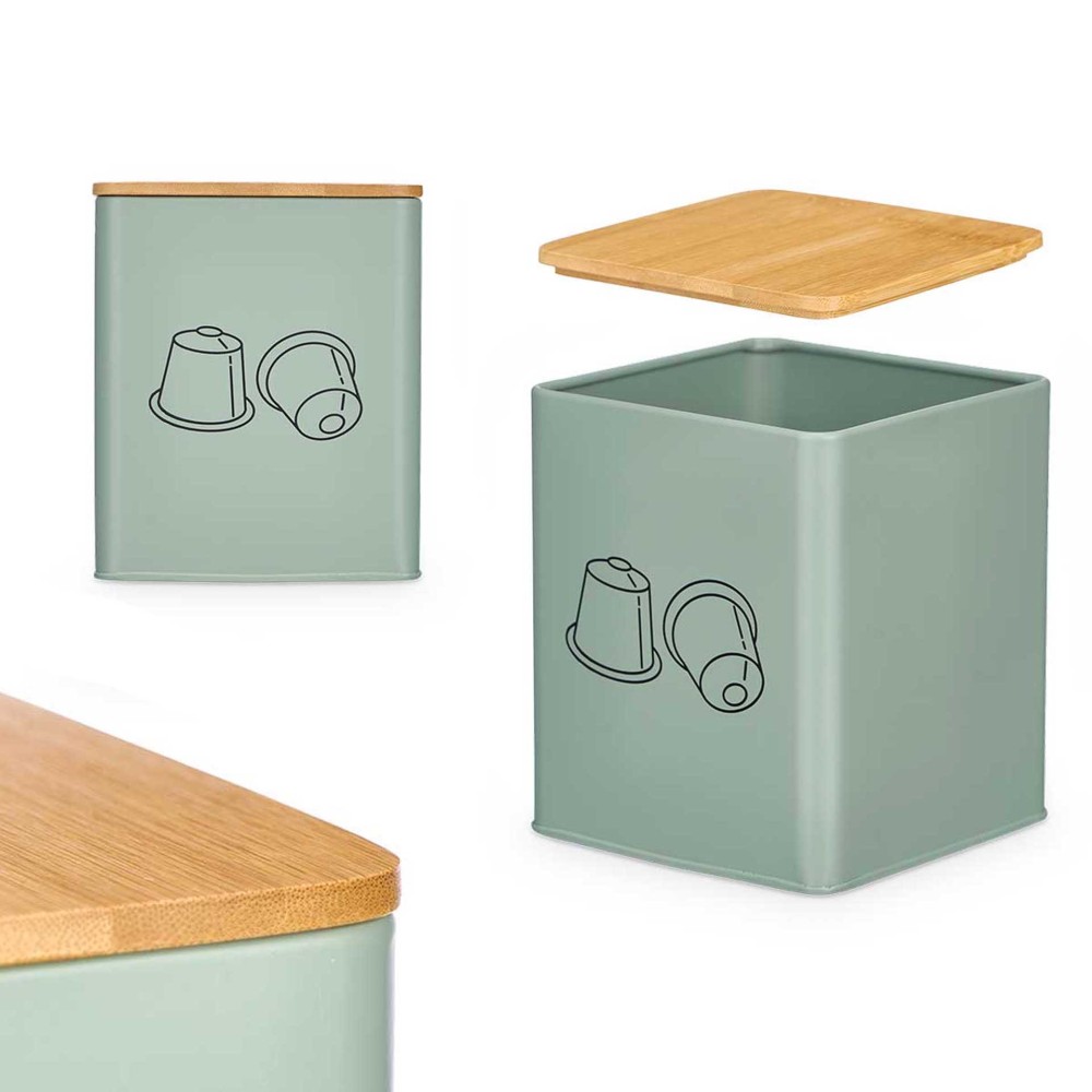 Caixa C�psulas Caf� Metal Tampa Bambu 14X14X16.5cm