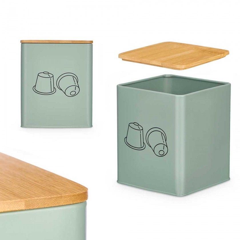 Caixa Cápsulas Café Metal Tampa Bambu 14X14X16.5cm Caixa Cápsulas Café Metal Tampa Bambu 14X14X16.5cm