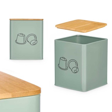 Caixa C�psulas Caf� Metal Tampa Bambu 14X14X16.5cm