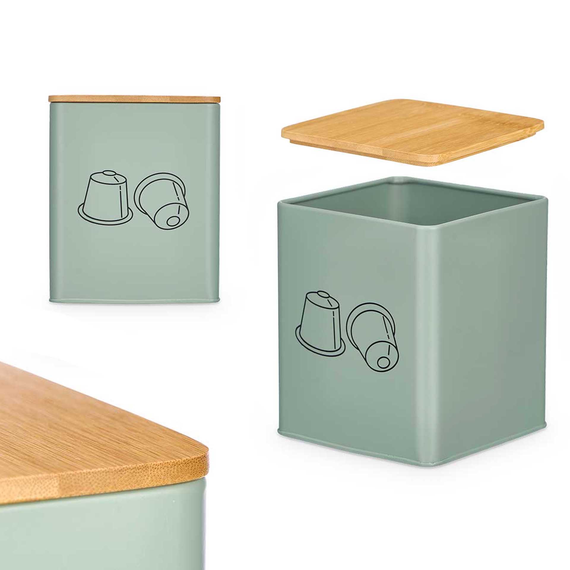 Caixa Cápsulas Café Metal Tampa Bambu 14X14X16.5cm