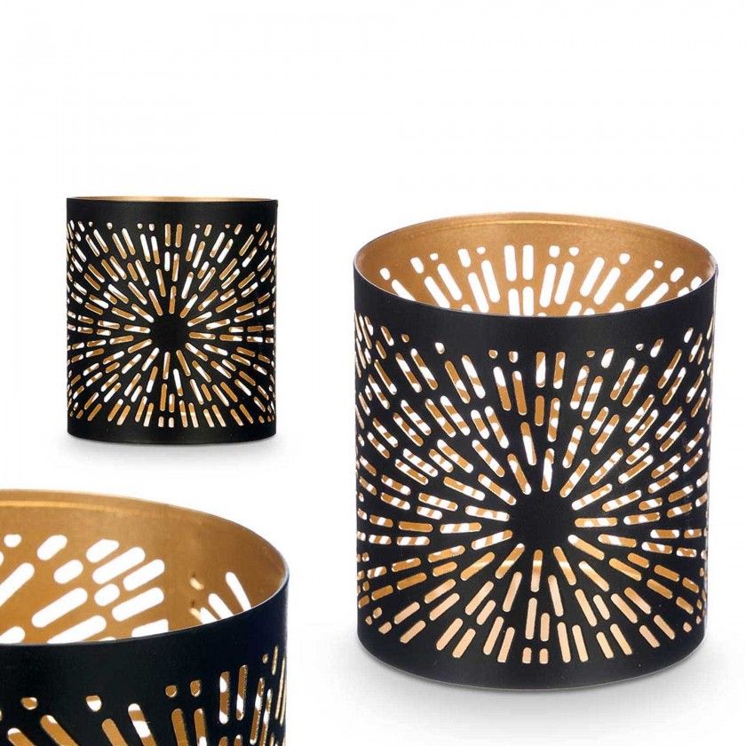 Suporte Vela Preto / Dourado Riscas 9X10cm Suporte Vela Preto / Dourado Riscas 9X10cm