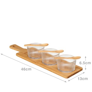 Bandeja Bambu com 3 Ta�as + Colher 46X13X6.5cm