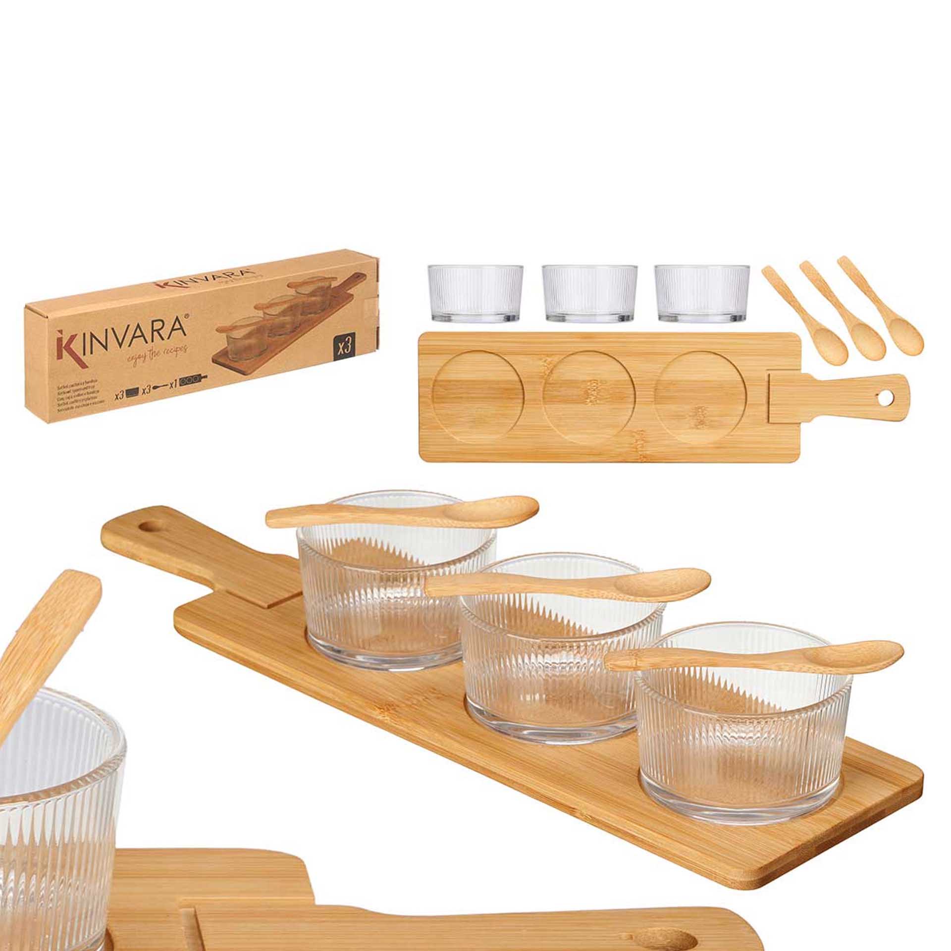 Bandeja Bambu com 3 Taças + Colher 46X13X6.5cm