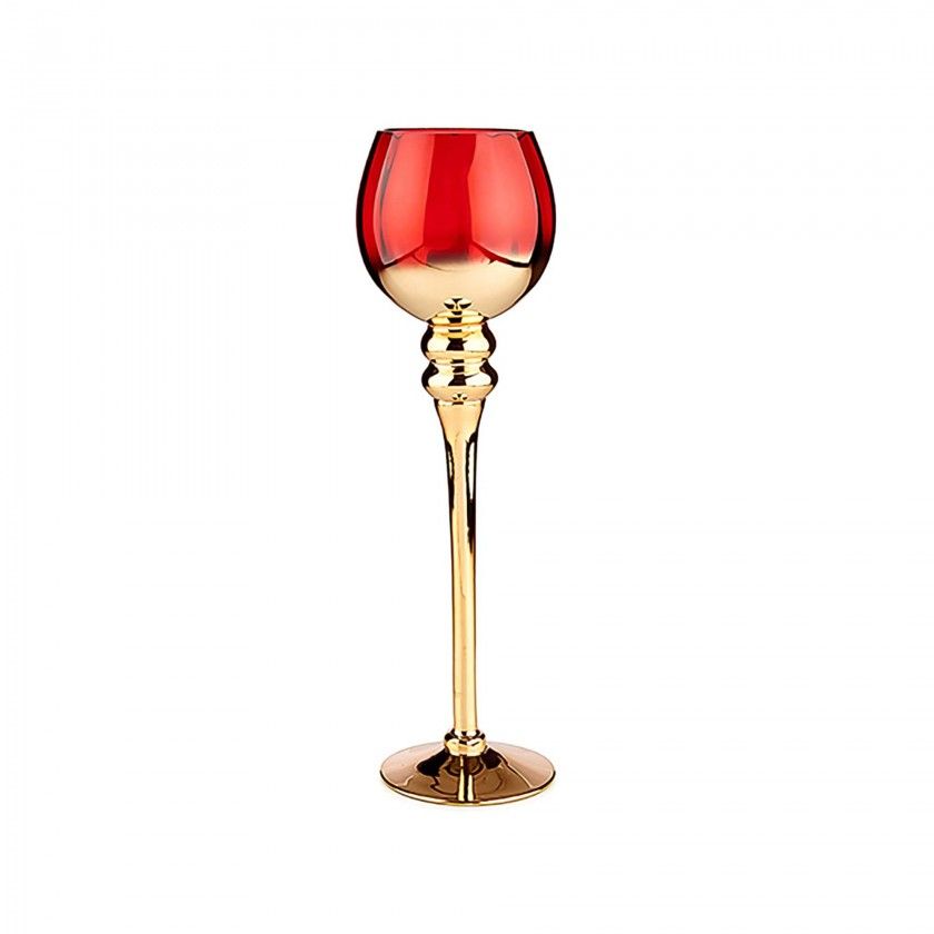 Porta Velas Vidro Dourado / Vermelho 13X40X13cm