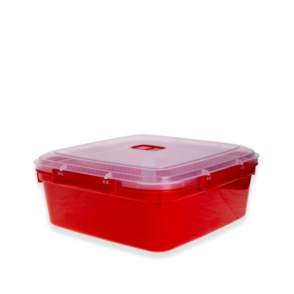 Caixa Hermética Ding Plástico Microondas Quadrado Vermelho 2500ml 23.5X23.5X8cm