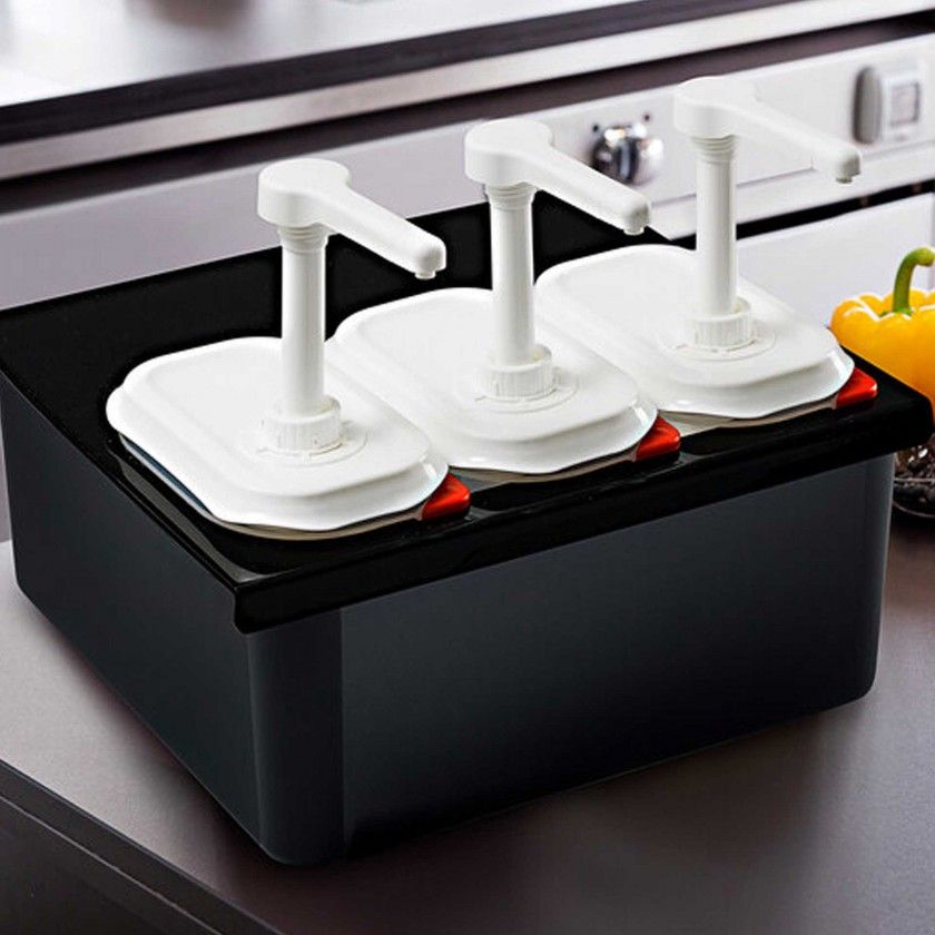 Conjunto 3 Dispensadores Molhos Gn1/9 Base Preta 3X1.5L 38X22.5X19.5cm Conjunto 3 Dispensadores Molhos Gn1/9 Base Preta 3X1.5L 38X22.5X19.5cm