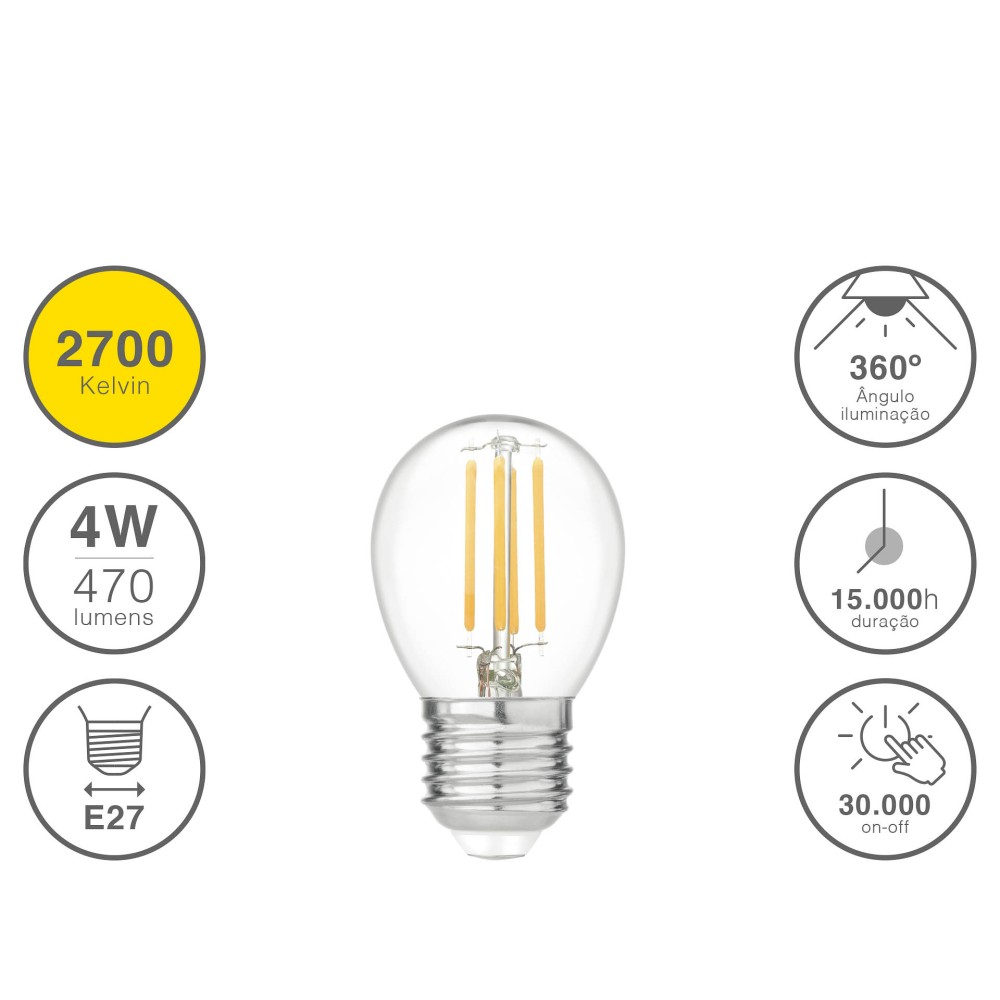 L�mpada Led Filamento Esf�rica E27 4W Luz Quente