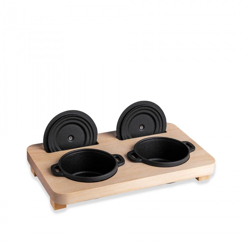 Suporte Bambu + 2 Caarolas Ferro Gourmand Preto 30X18cm