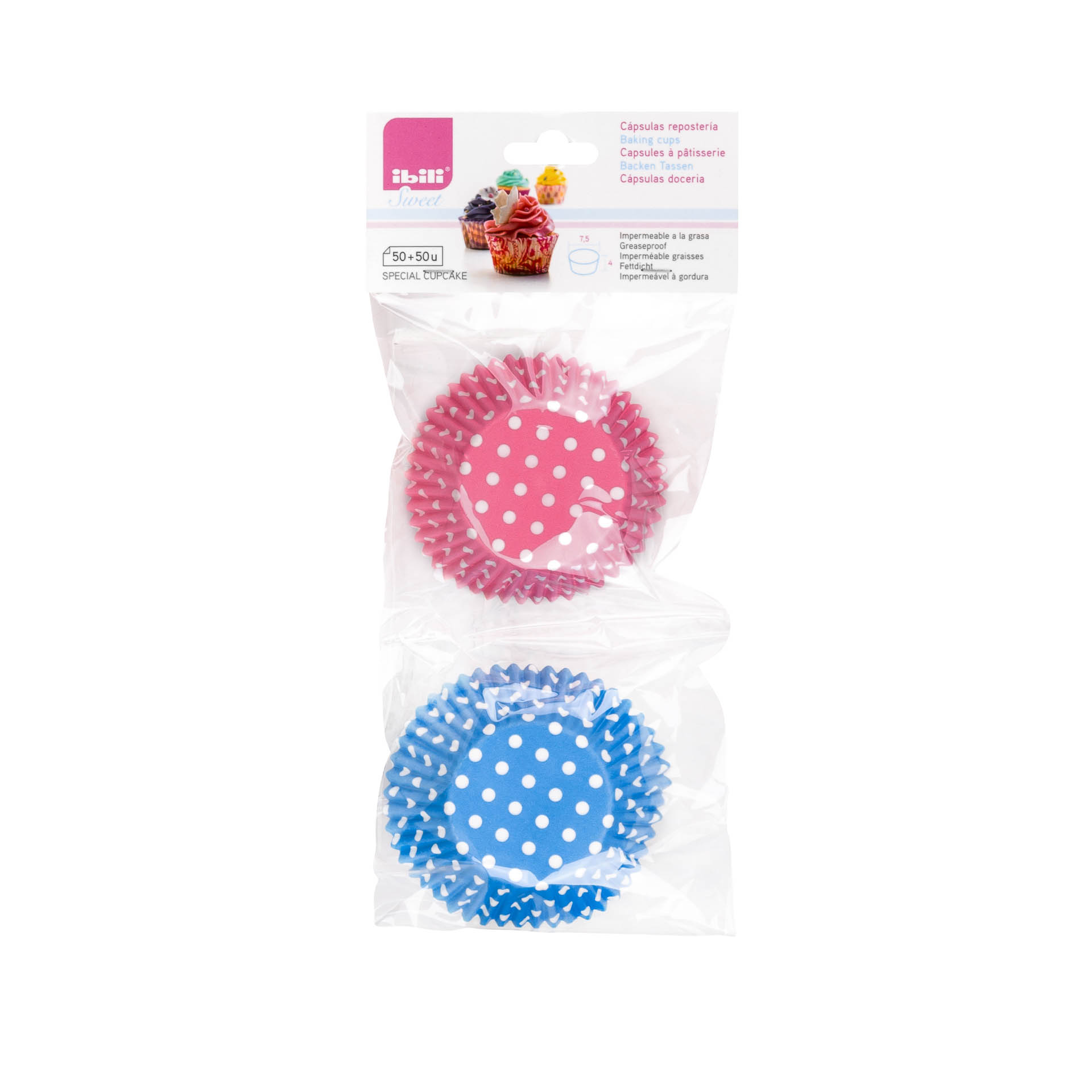 Forma Queque Papel Bolas Azul + Rosa 7.5X4cm Pack 100