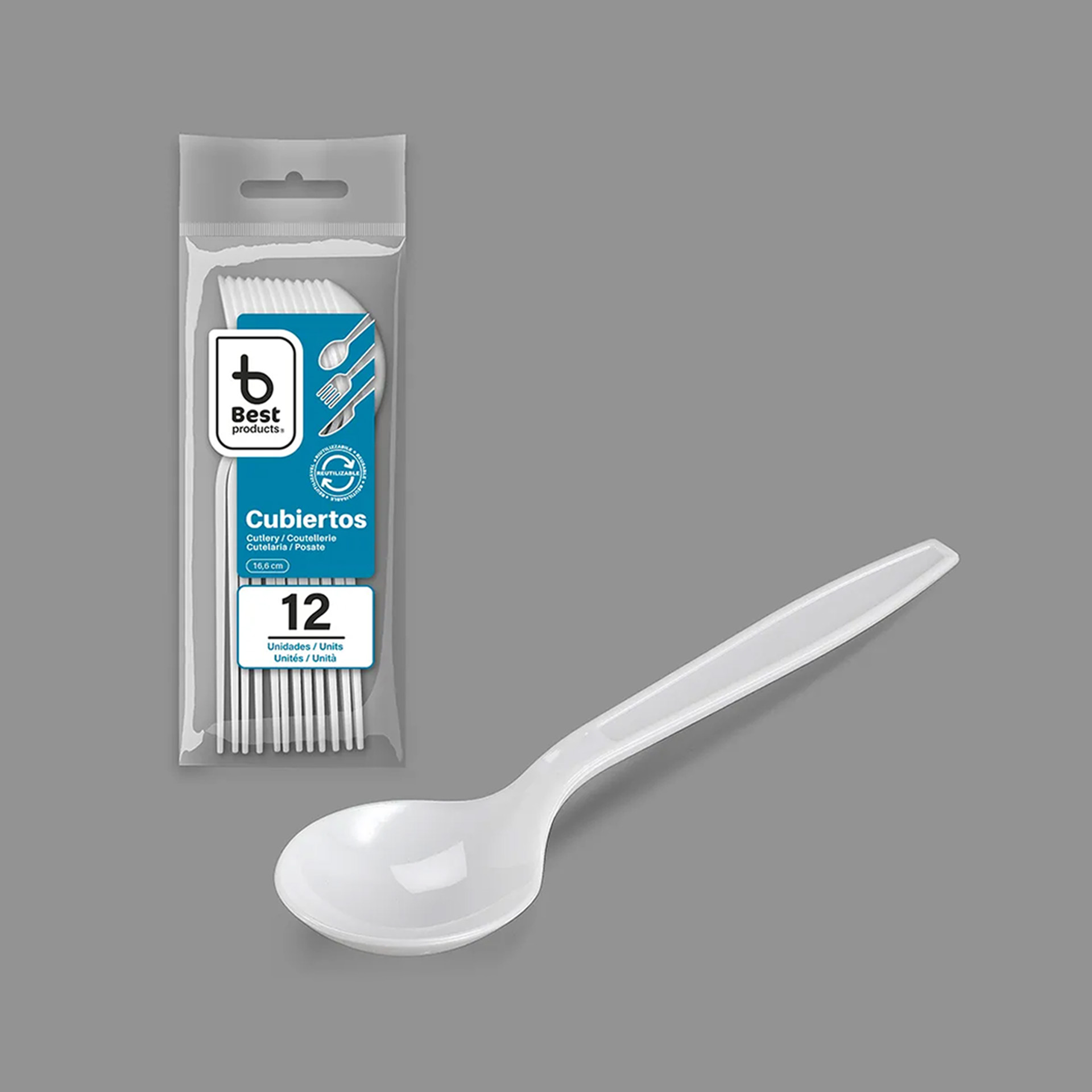 Colher Plástico Reutilizável Branco 16.6cm Pack 12
