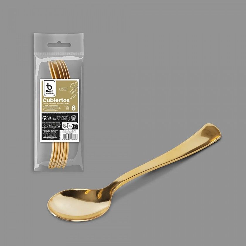 Colher Plástico Reutilizável Dourado 17cm Pack 6 Colher Plástico Reutilizável Dourado 17cm Pack 6