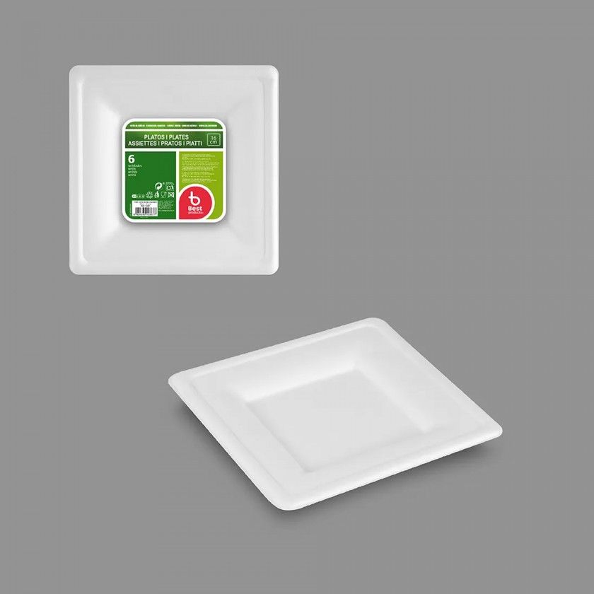 Prato Biodegradável Cana Açucar Quadrado 16X16cm Pack 6 Prato Biodegradável Cana Açucar Quadrado 16X16cm Pack 6