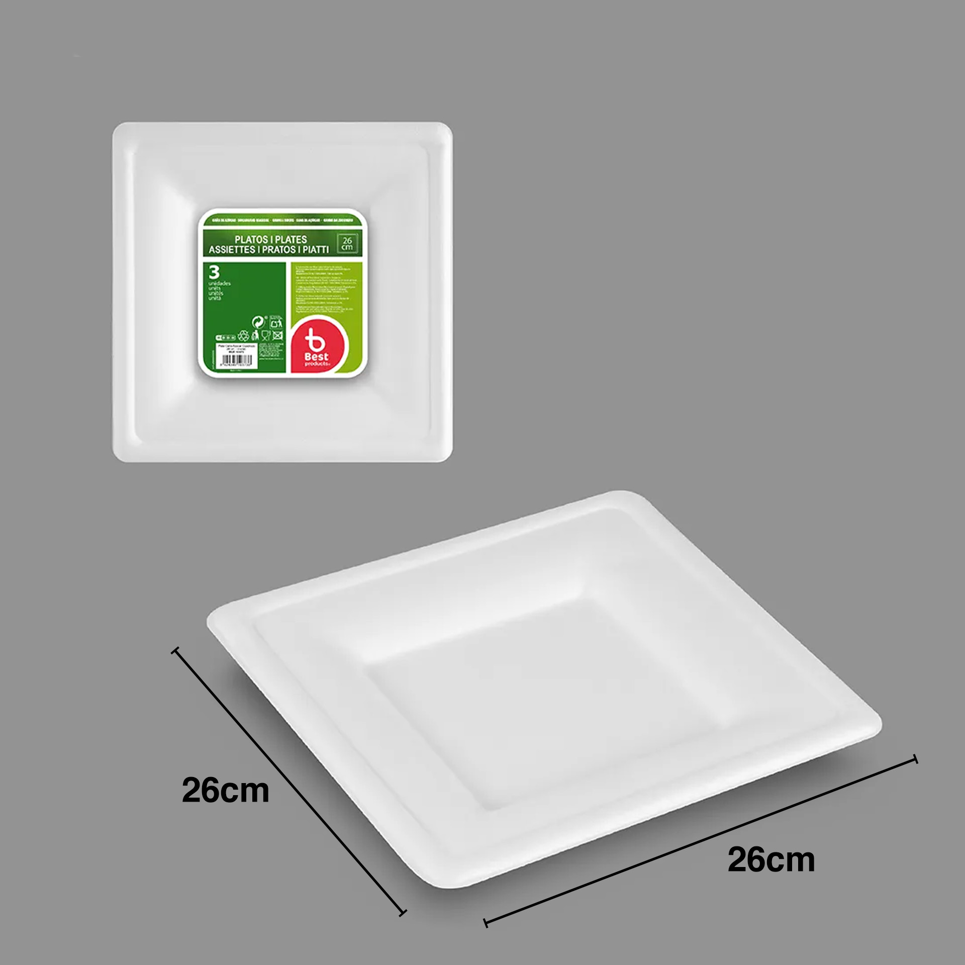 Prato Biodegradável Cana Açucar Quadrado 26X26cm Pack 3