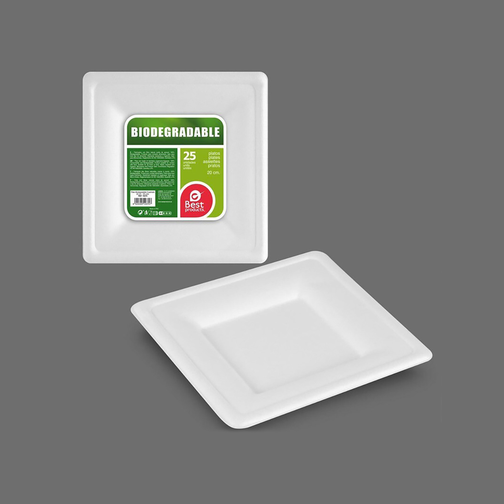 Prato Biodegradável Cana Açucar Quadrado 20X20cm Pack 25