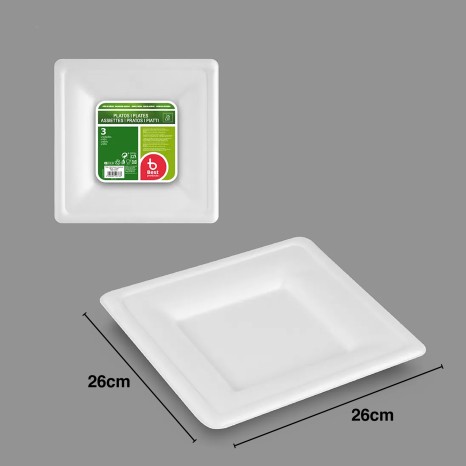 Prato Biodegradável Cana Açucar Quadrado 26X26cm Pack 3 - Image product