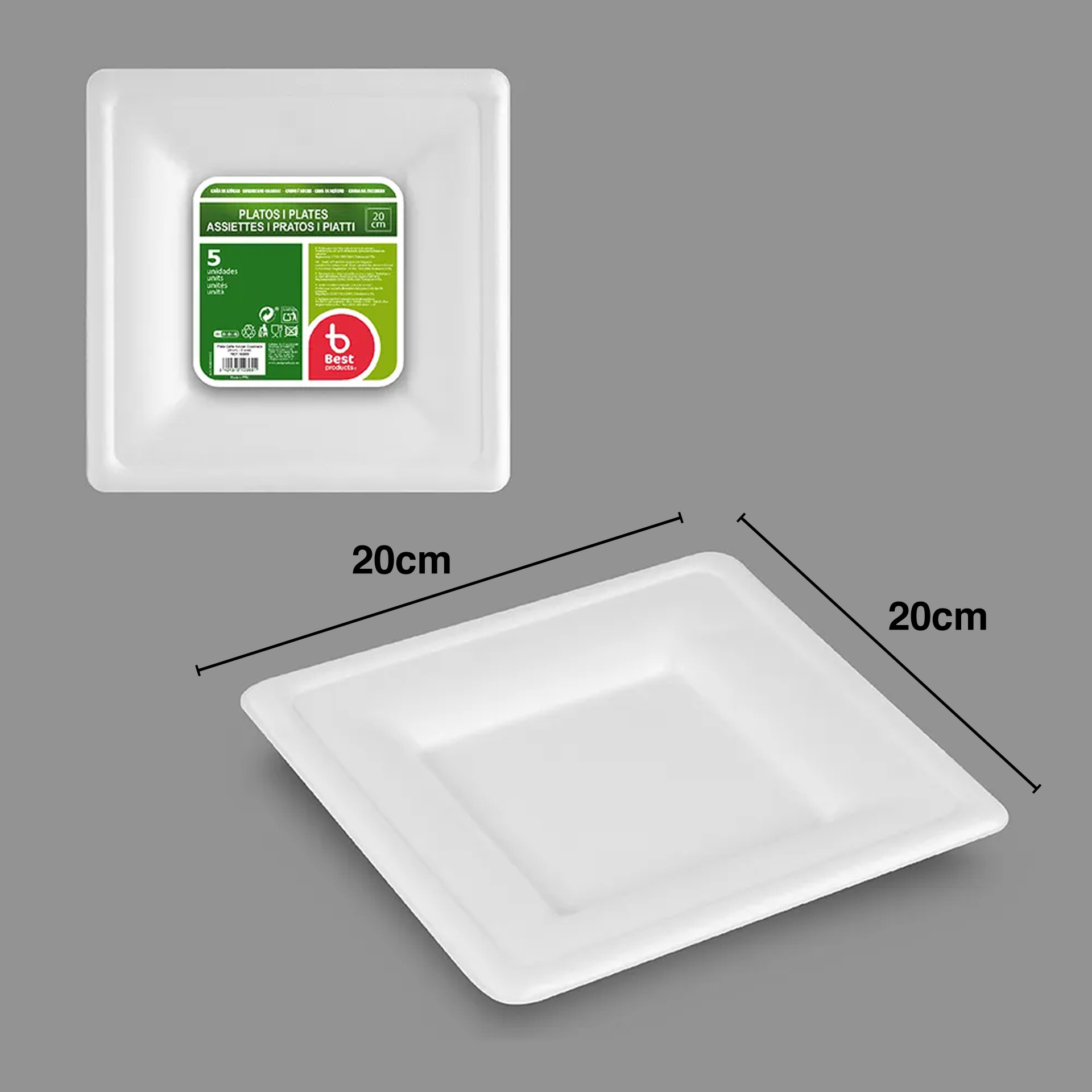 Prato Biodegradável Cana Açucar Quadrado 20X20cm Pack 5