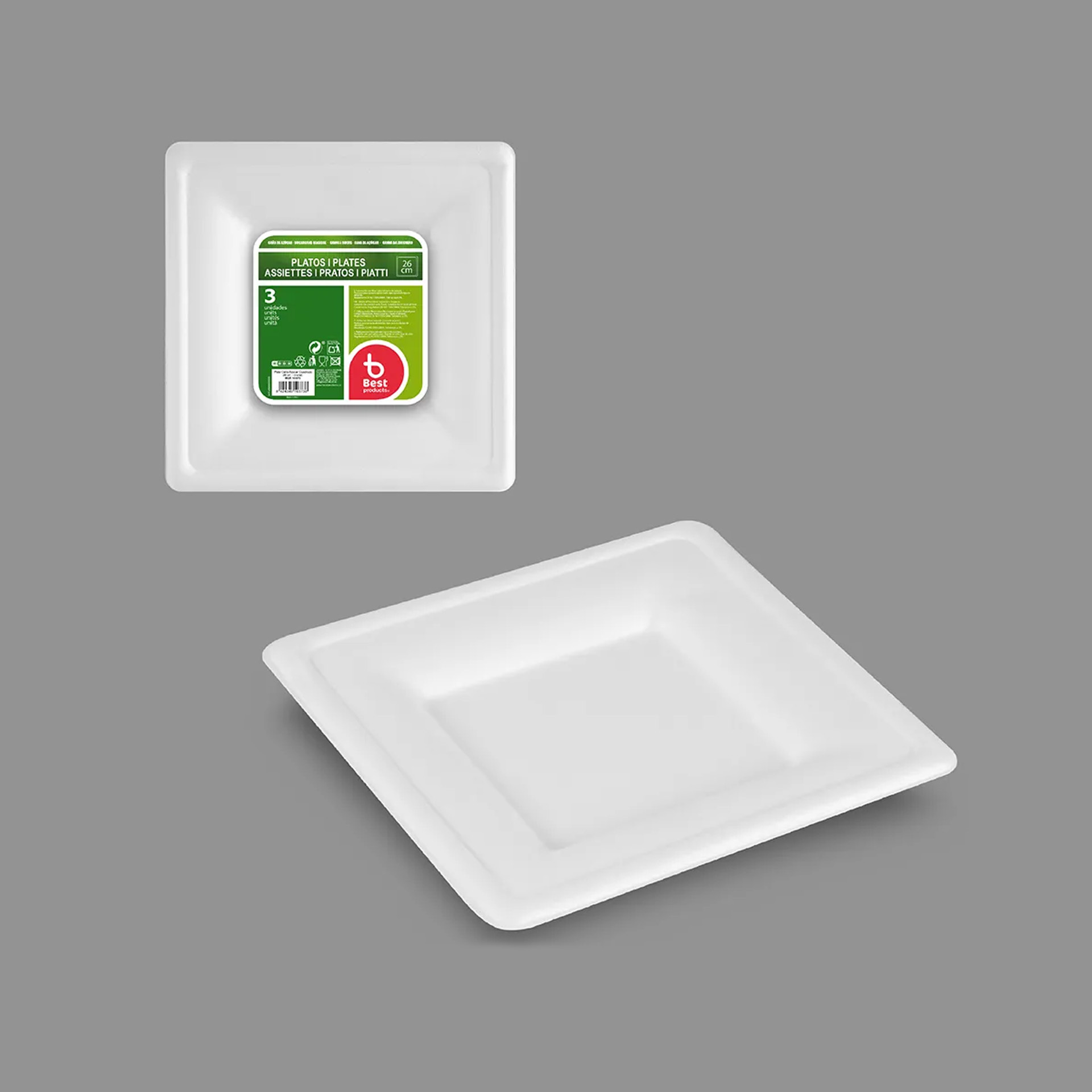 Prato Biodegradável Cana Açucar Quadrado 26X26cm Pack 3